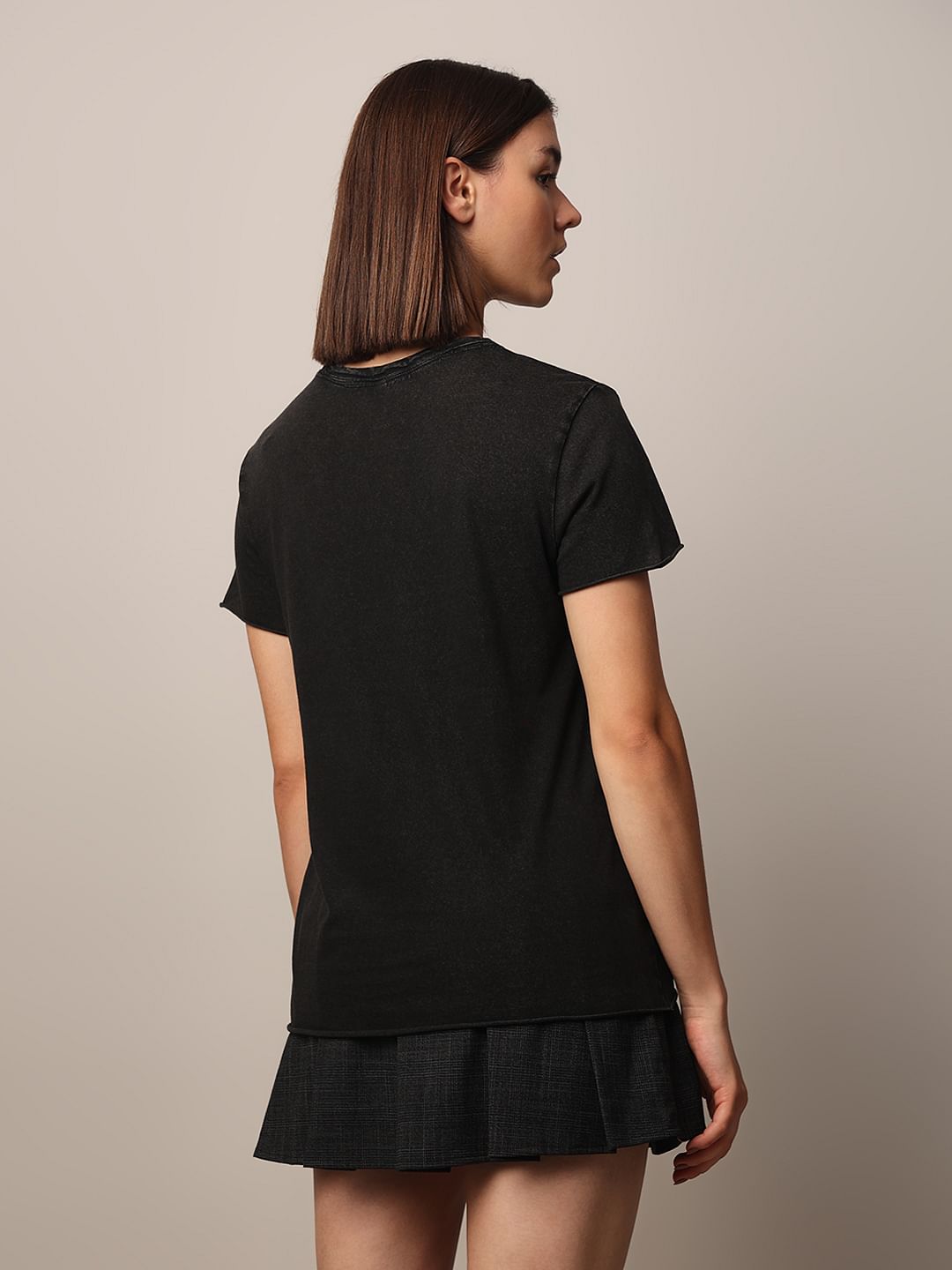 Black Acid Washed Printed Cotton T-Shirt