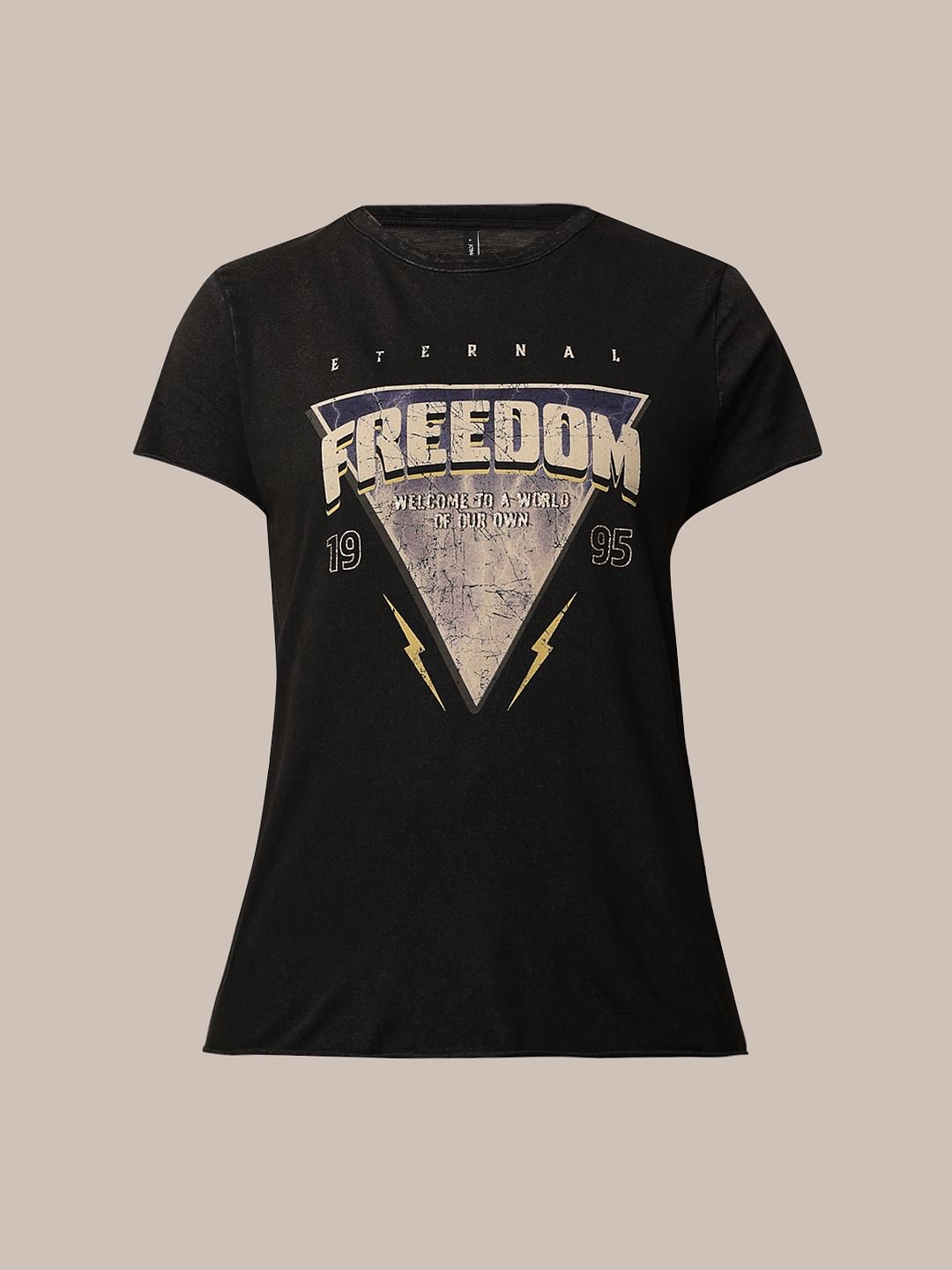 Black Acid Washed Printed Cotton T-Shirt