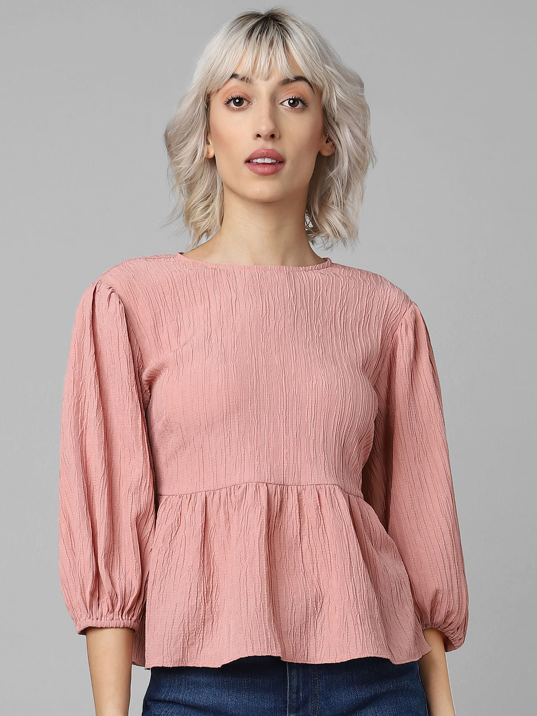 Pink Crinkled Peplum Top