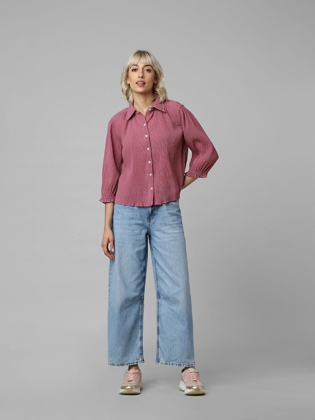 Pink Crinkled Ruffle Detail Shirt