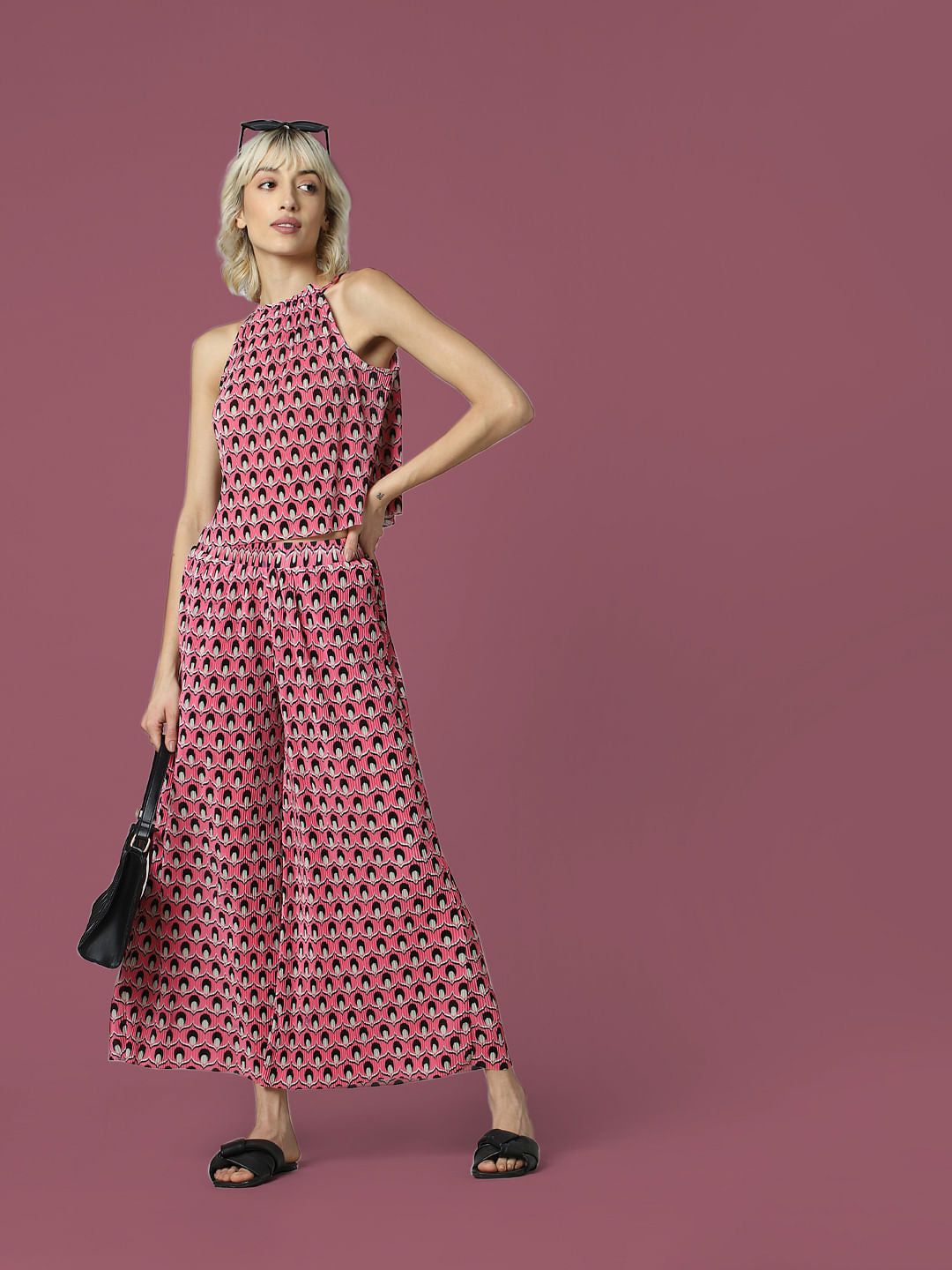 Pink Floral Plisse Co-Ord Set Pants