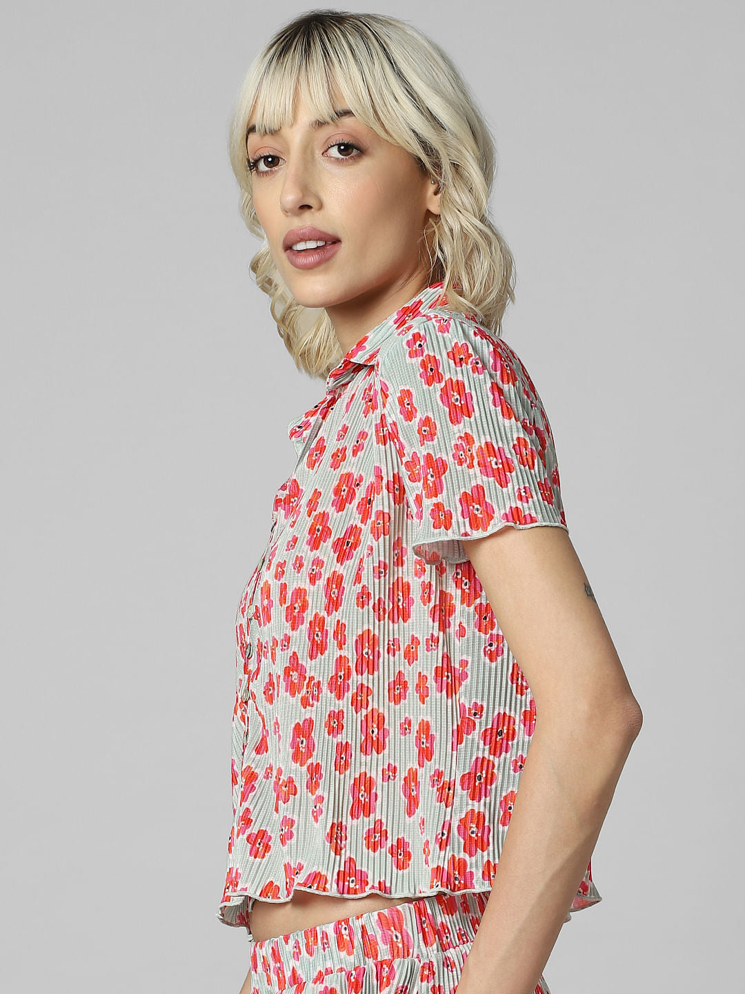 Red Plisse Cropped Co-Ord Set Shirt