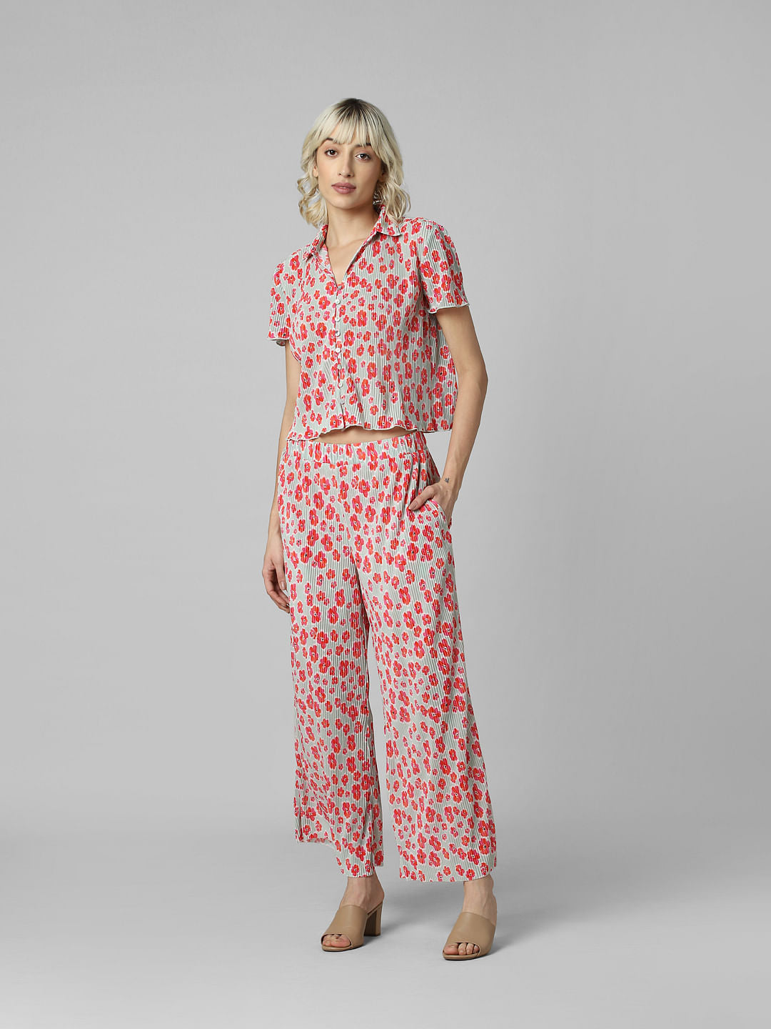 Red Plisse Cropped Co-Ord Set Shirt