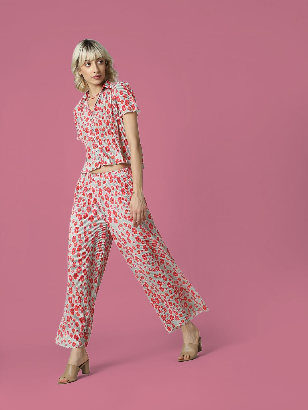 Pink Floral Pleated Co-Ord Set Pants