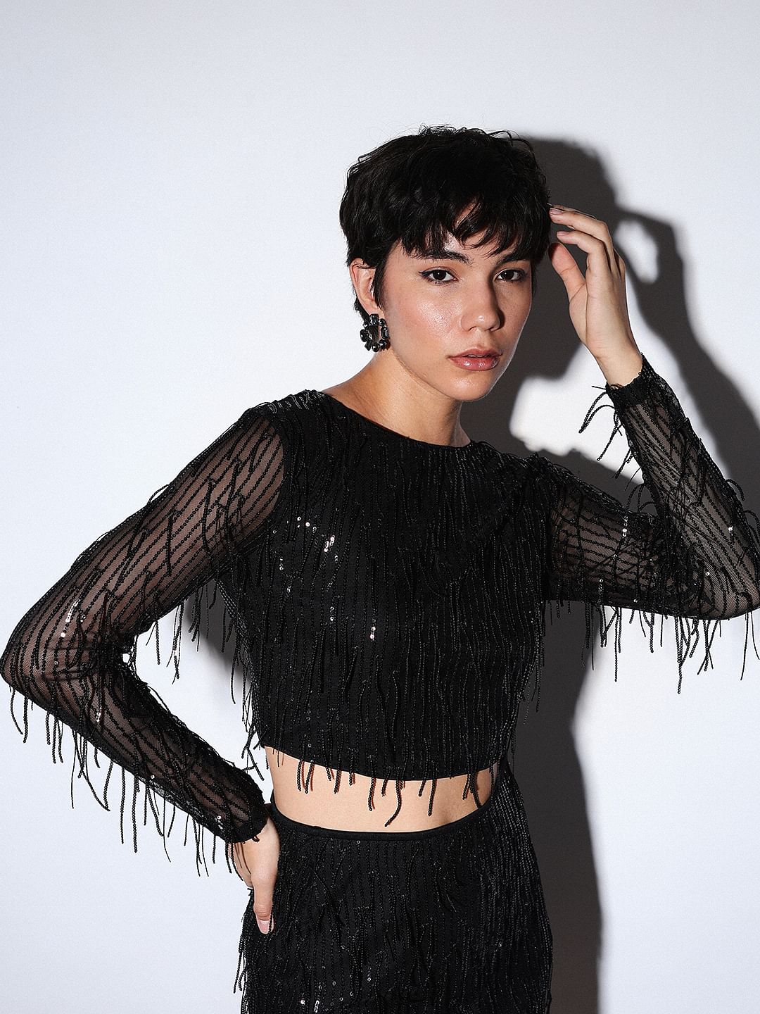 Black Sequined Crop Top