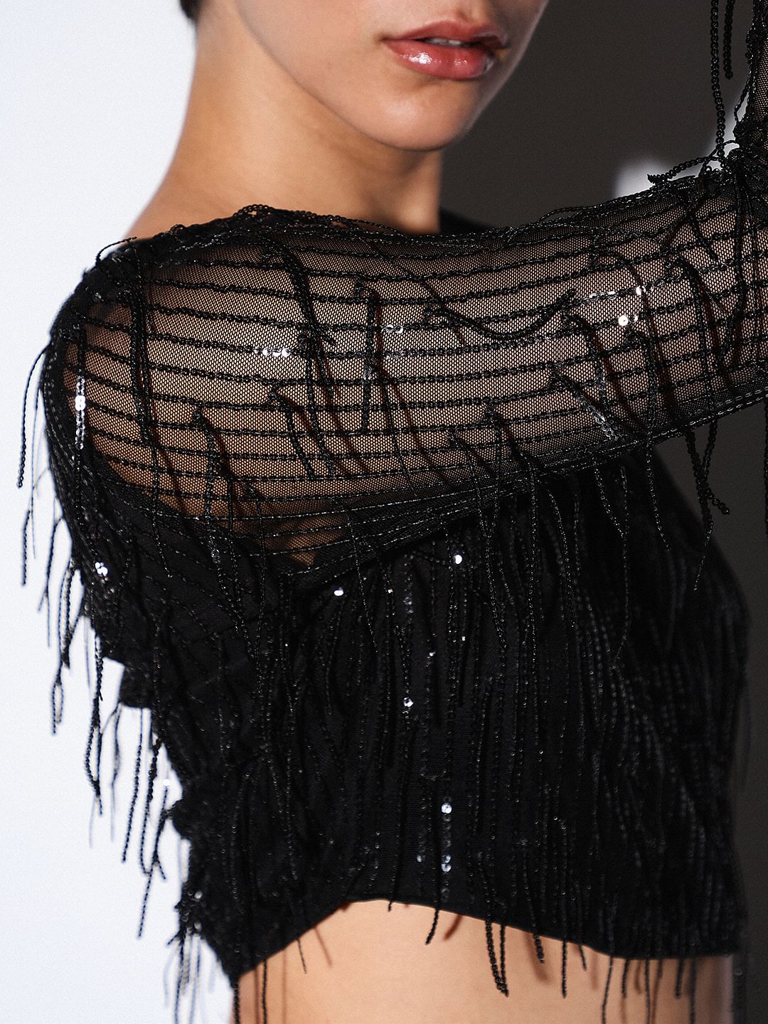 Black Sequined Crop Top