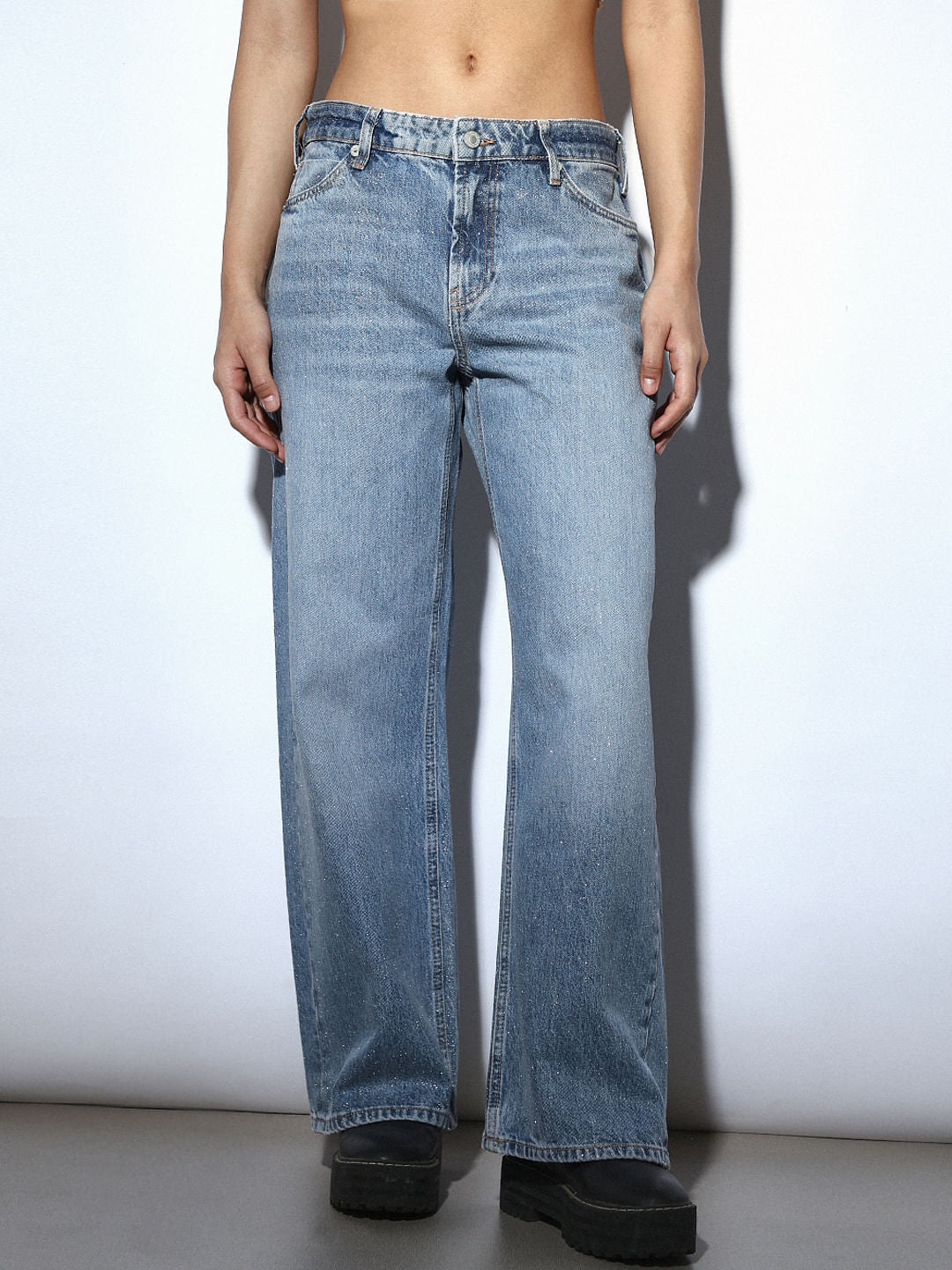 Blue Silver Shimmer Coated Wide Leg Jeans