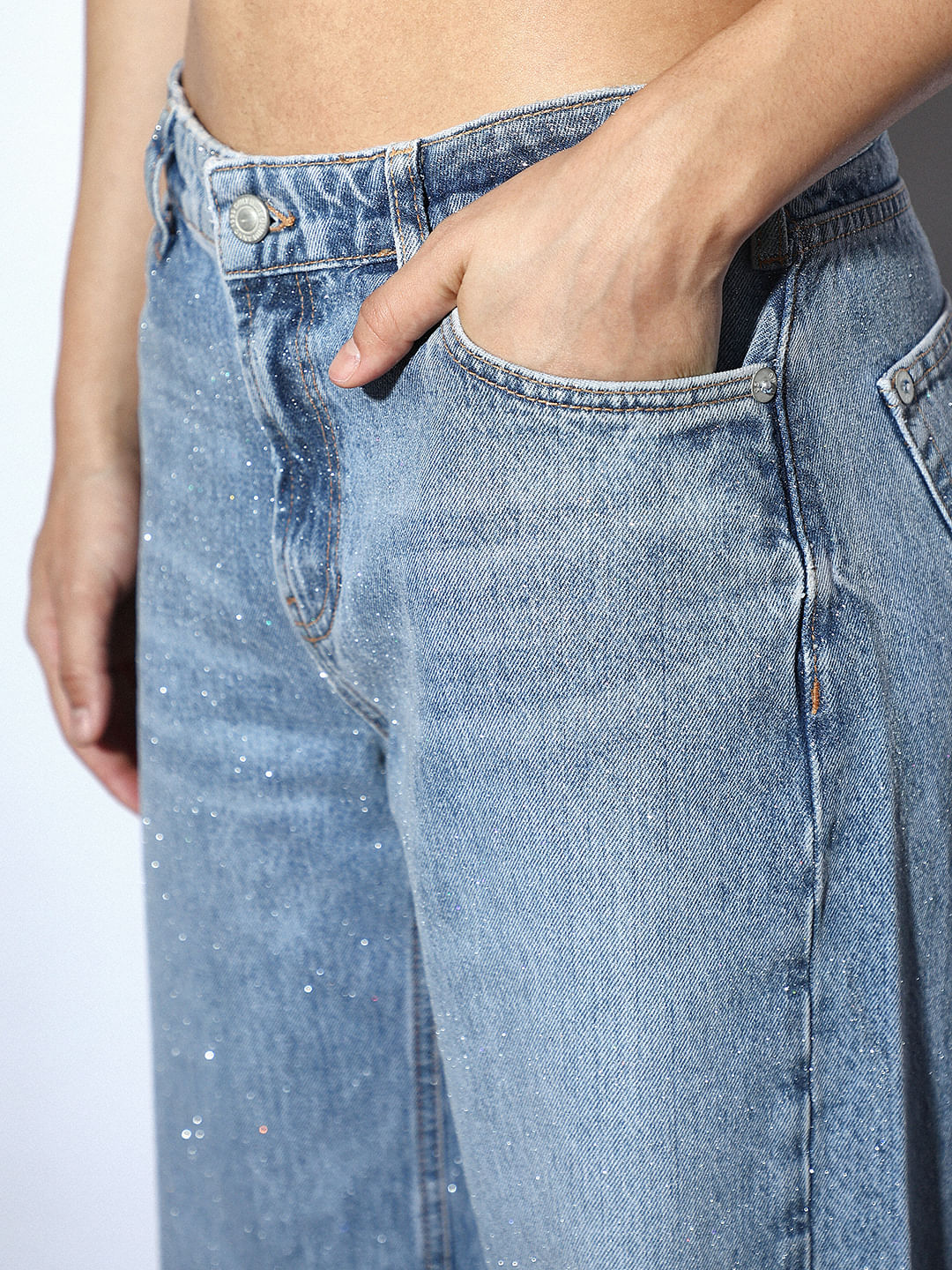 Blue Silver Shimmer Coated Wide Leg Jeans