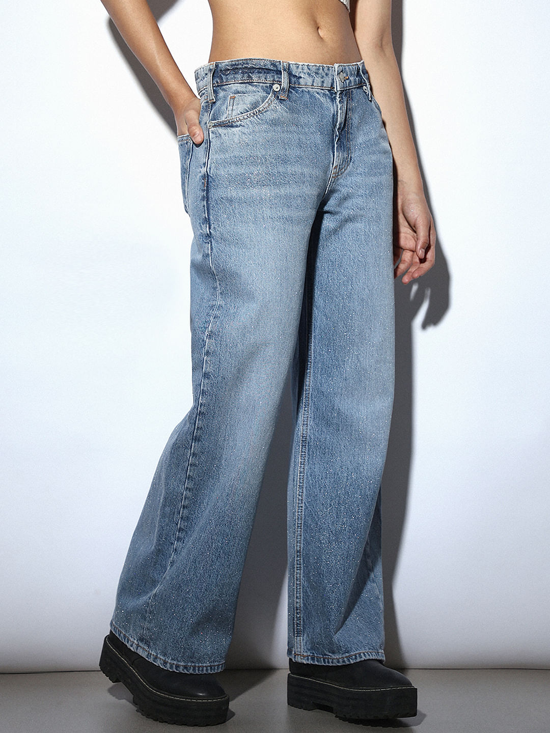 Blue Silver Shimmer Coated Wide Leg Jeans