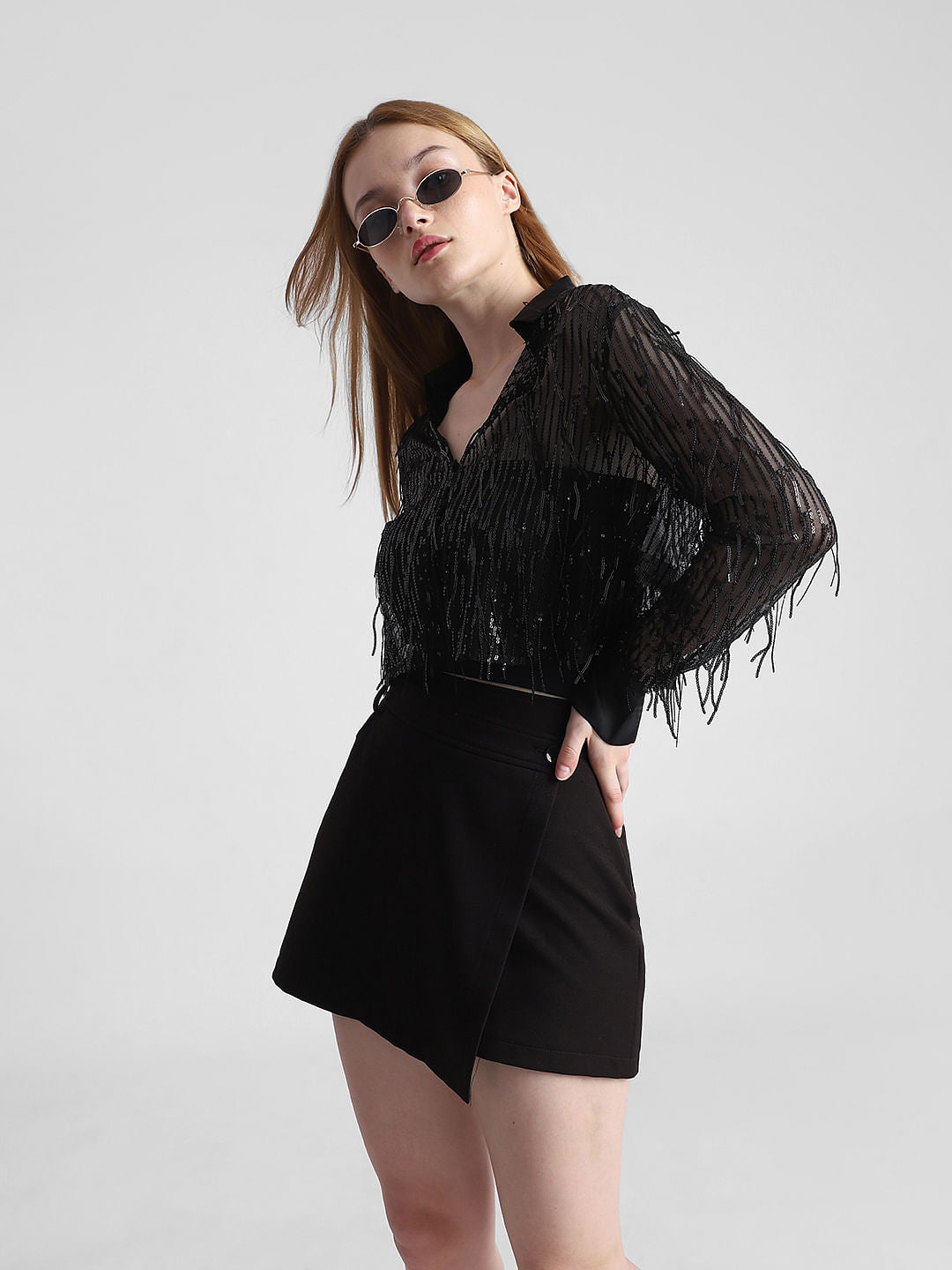 Black Sequined Mesh Shirt
