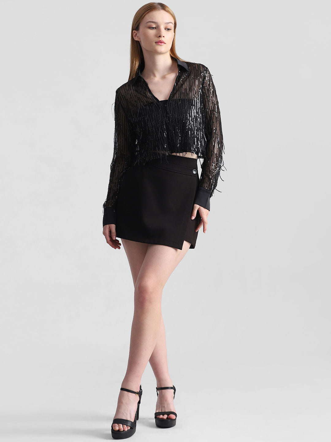 Black Sequined Mesh Shirt