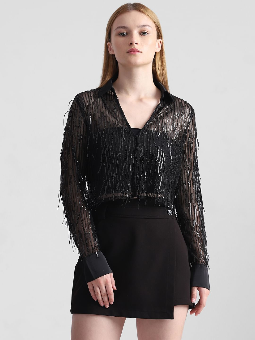 Black Sequined Mesh Shirt