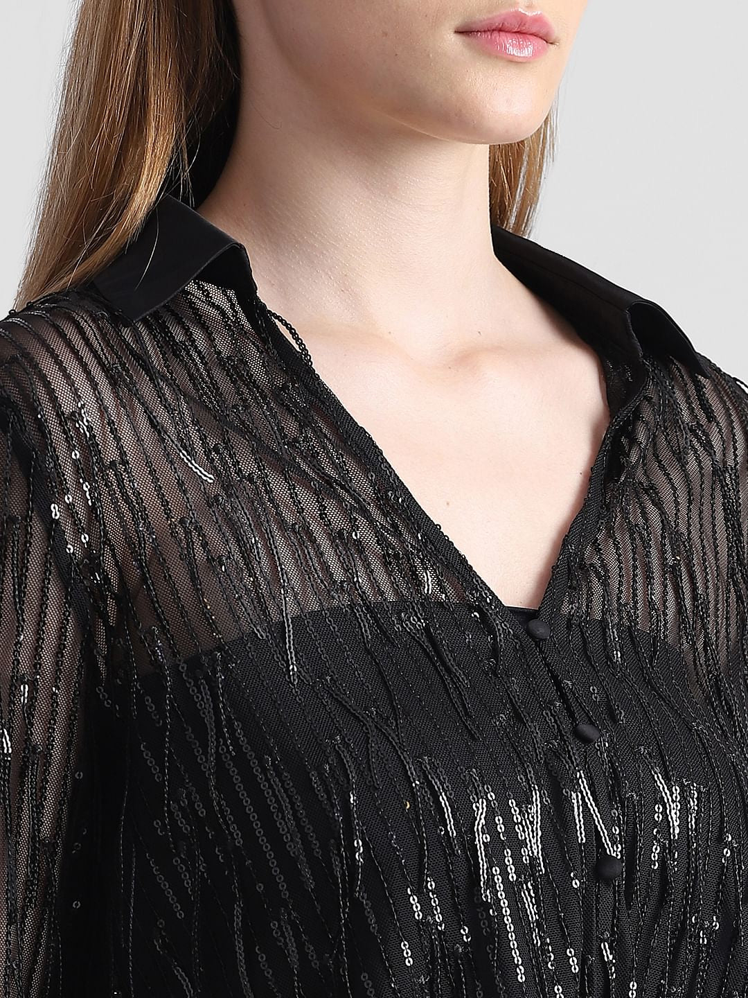 Black Sequined Mesh Shirt