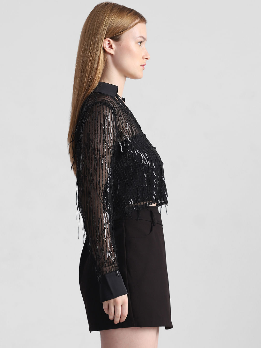Black Sequined Mesh Shirt
