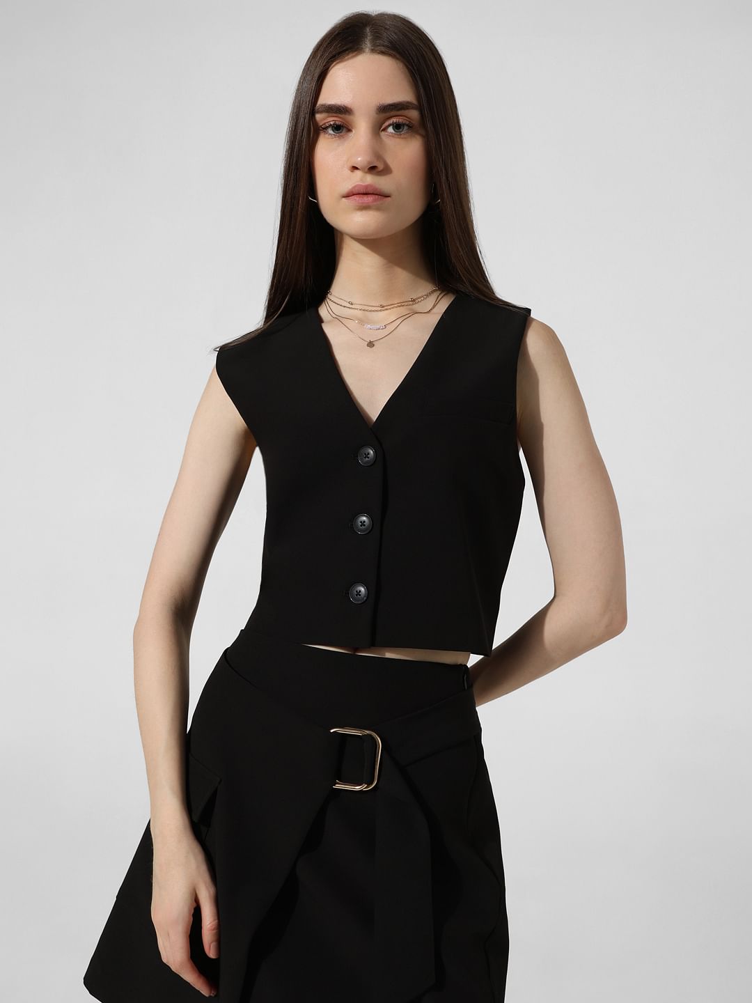 Black Cropped Co-Ord Set Waistcoat
