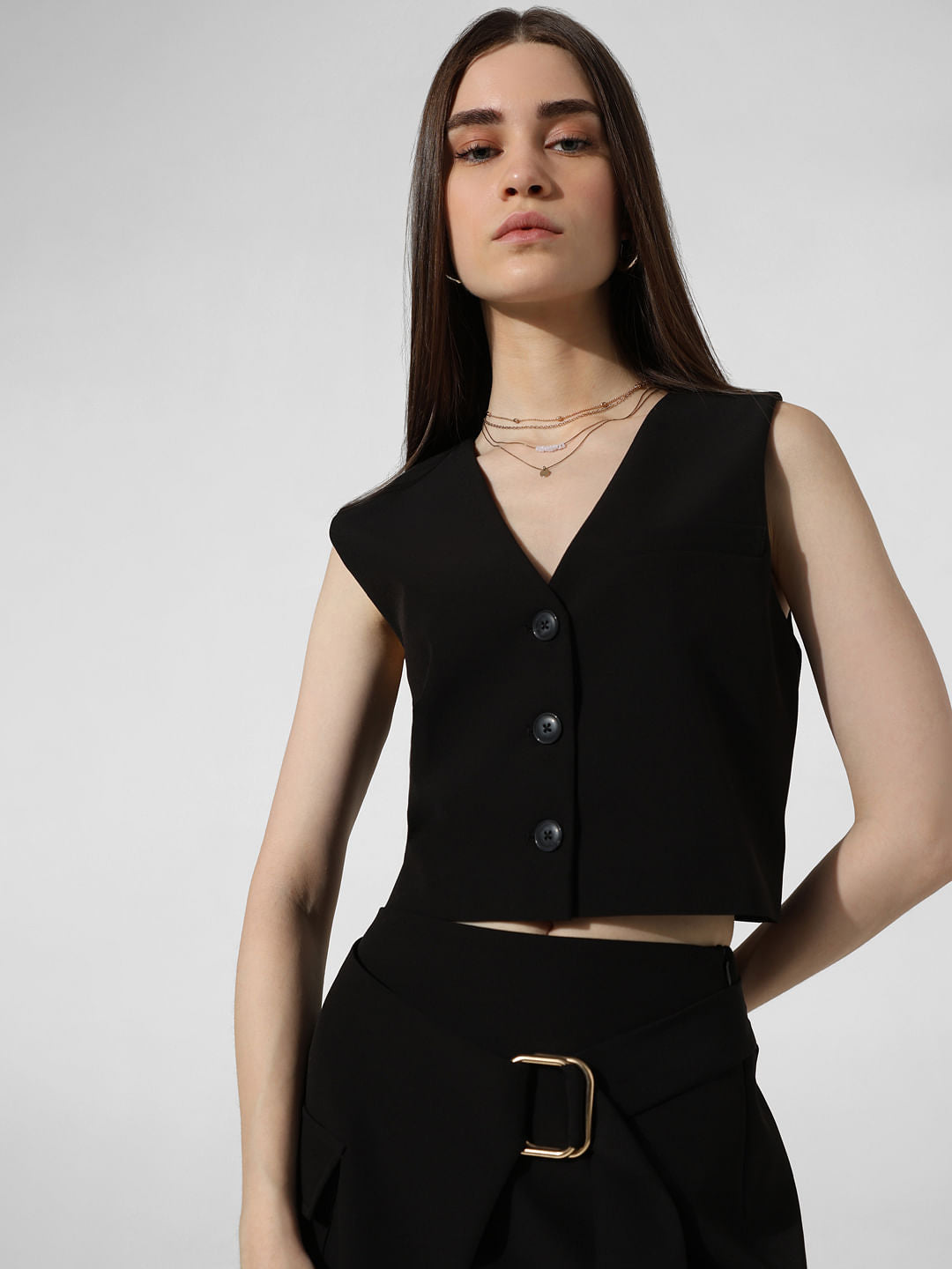 Black Cropped Co-Ord Set Waistcoat