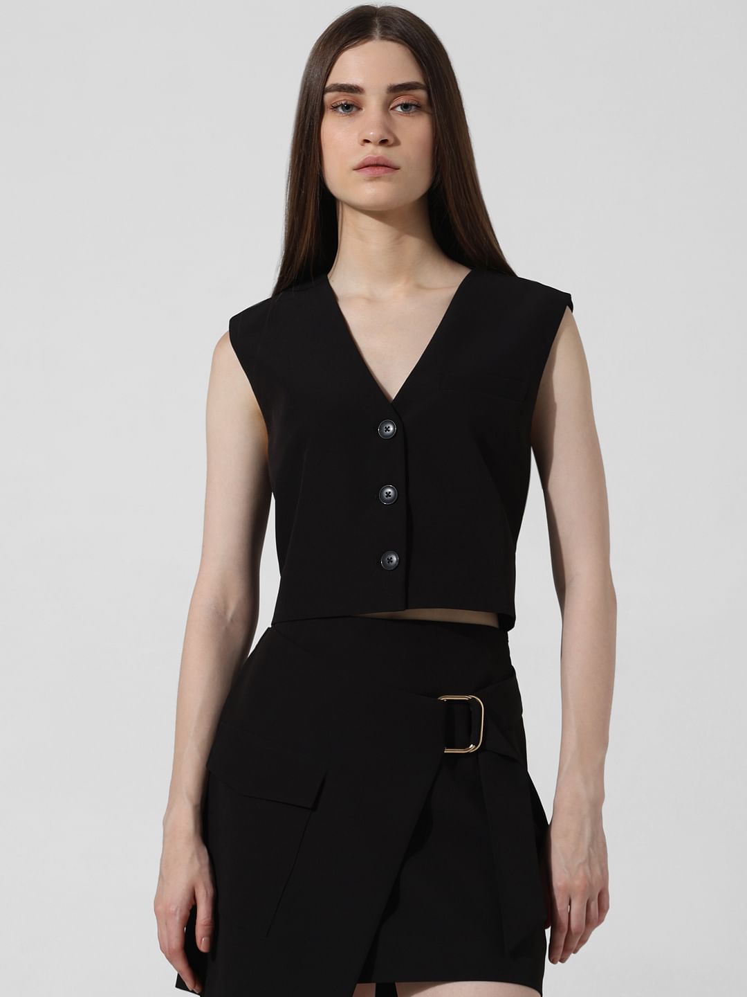 Black Cropped Co-Ord Set Waistcoat