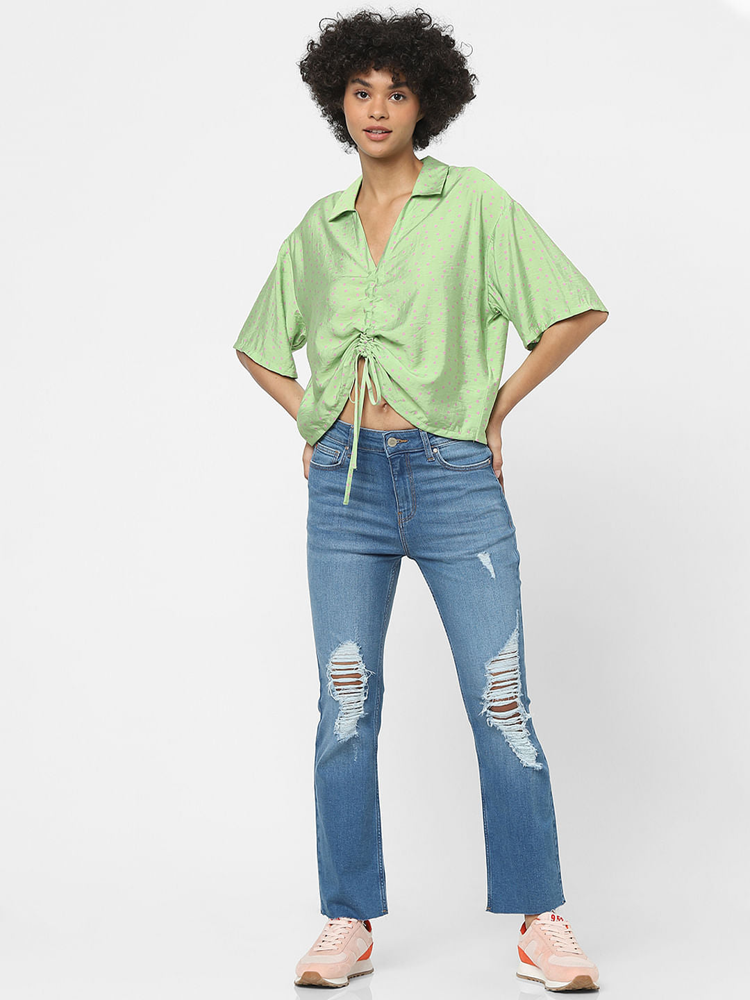 Green Polka Dot Print Cropped Shirt