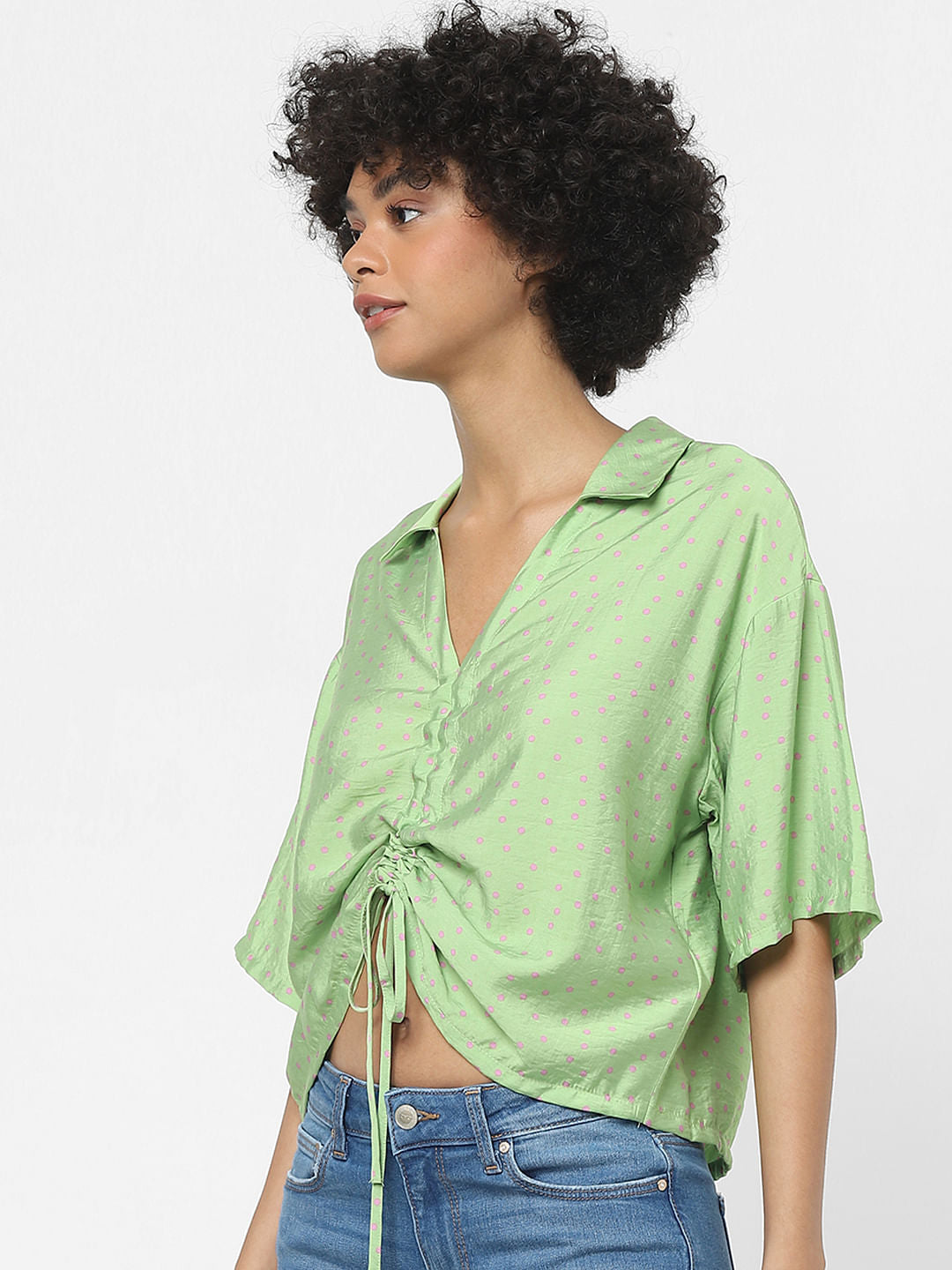 Green Polka Dot Print Cropped Shirt