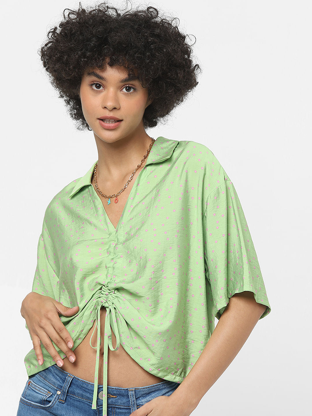 Green Polka Dot Print Cropped Shirt