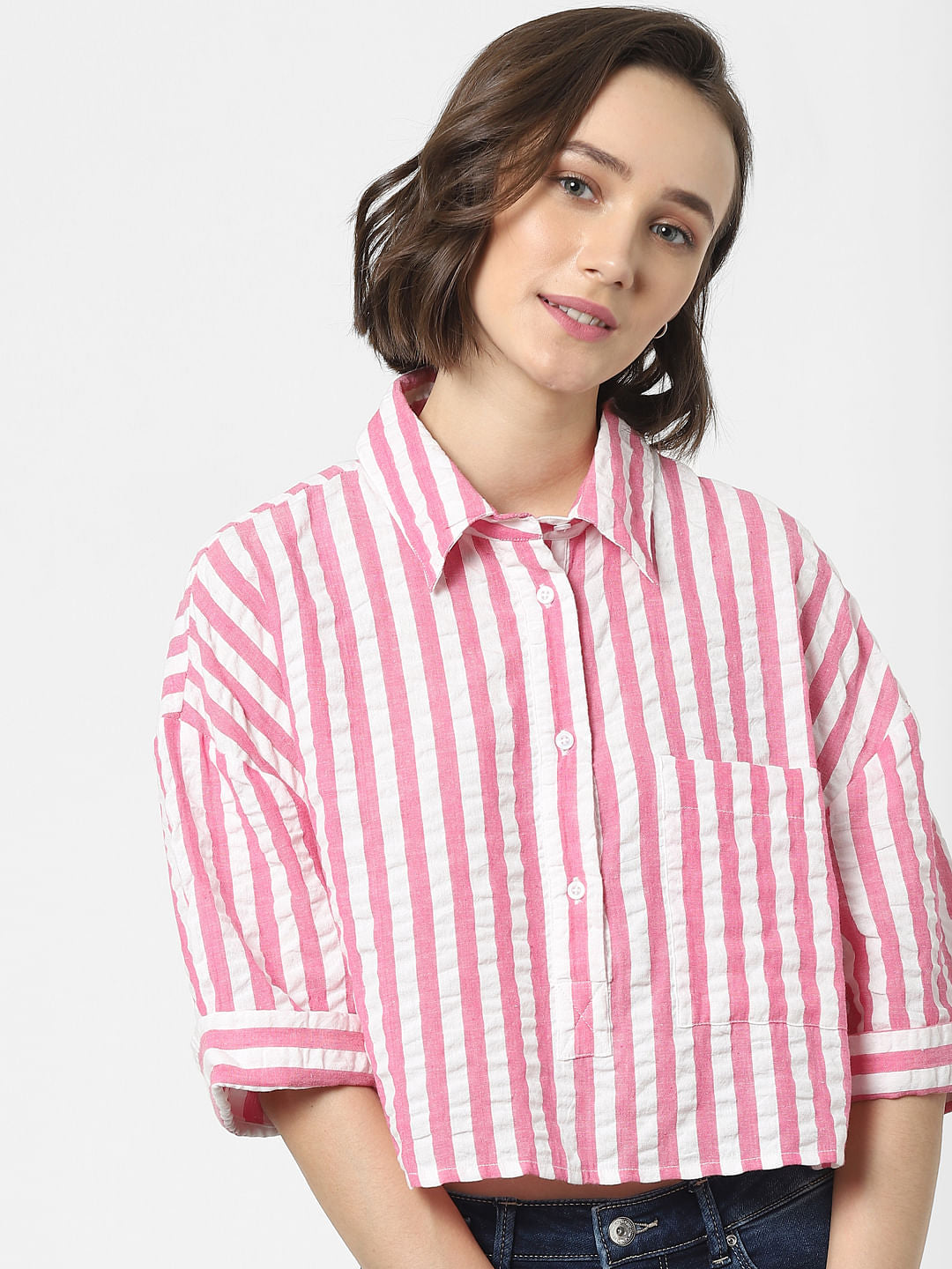 Pink Striped Cropped Shirt