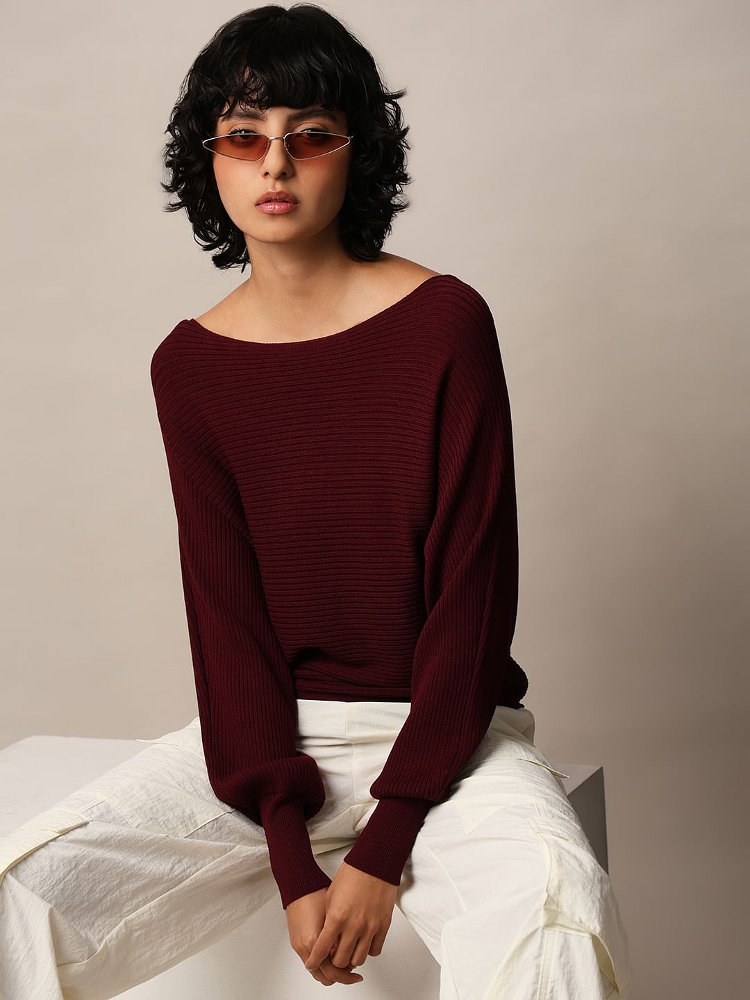 Maroon Batwing Sleeves Pullover