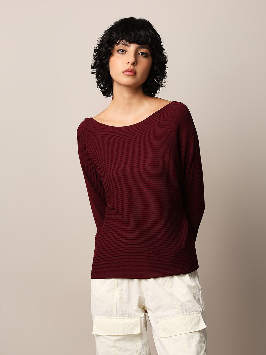 Maroon Batwing Sleeves Pullover