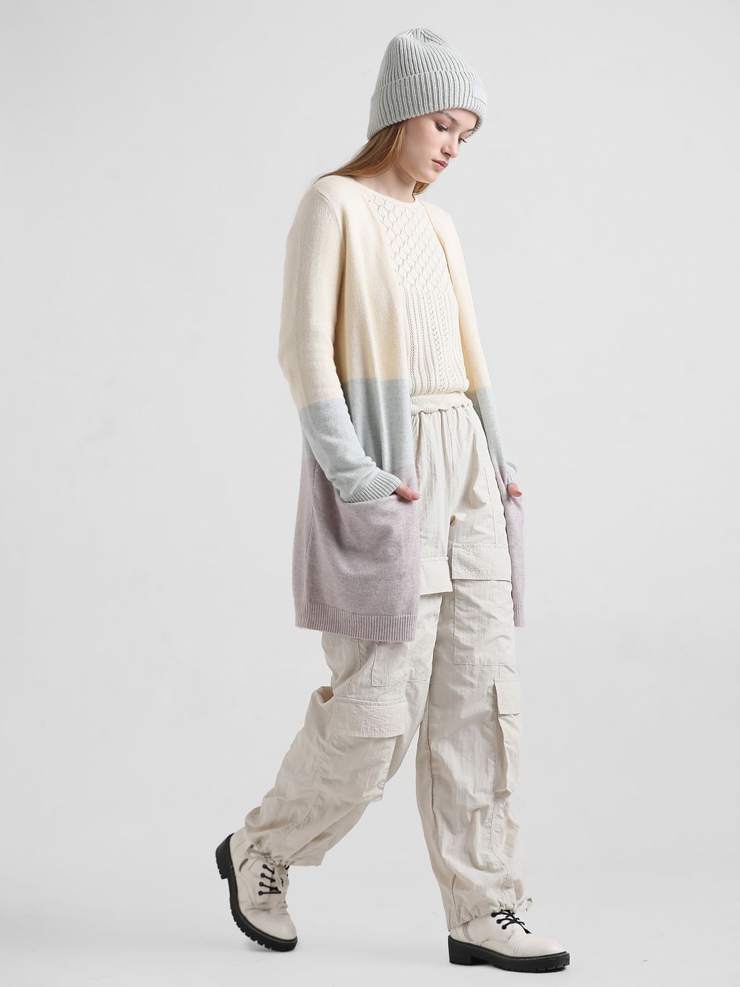 Cream Colourblocked Long Cardigan