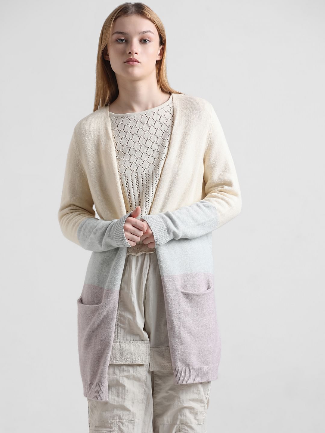 Cream Colourblocked Long Cardigan