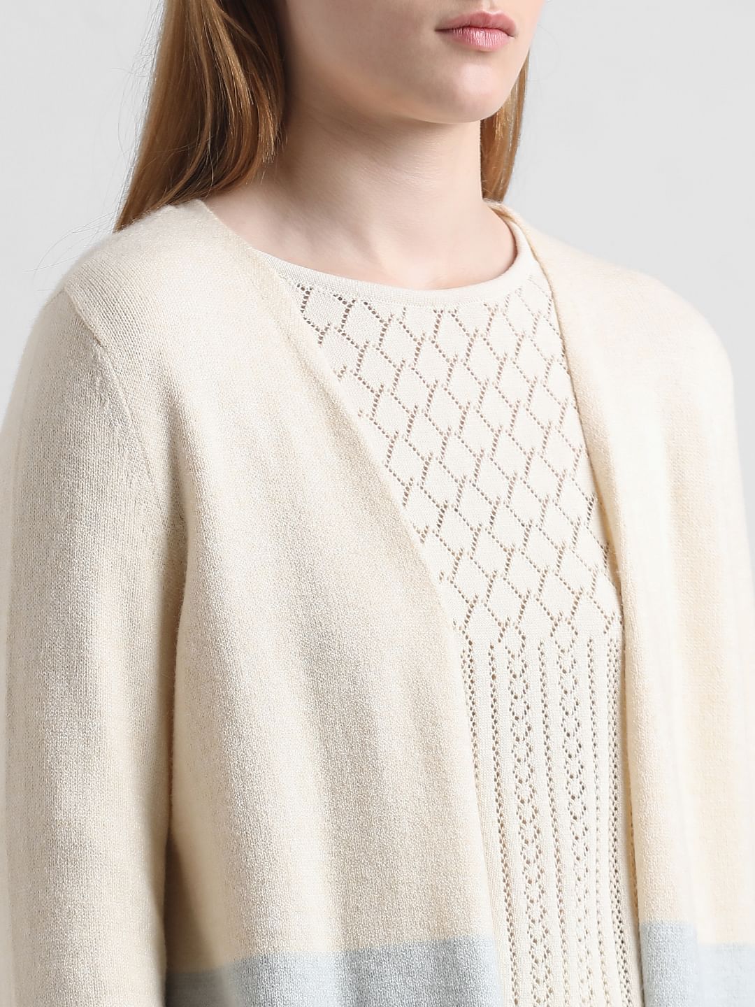 Cream Colourblocked Long Cardigan