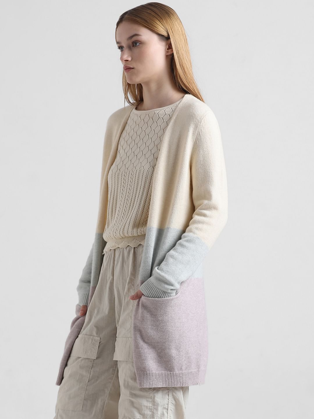 Cream Colourblocked Long Cardigan