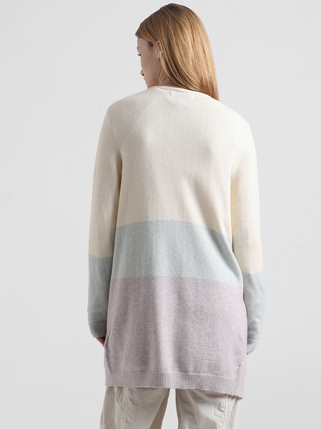 Cream Colourblocked Long Cardigan