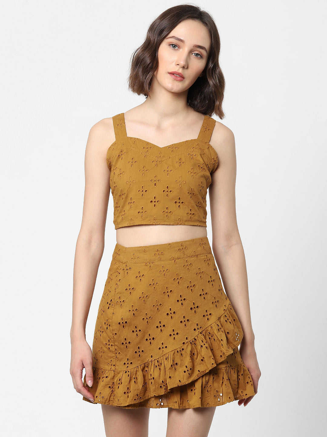 Brown Schiffli Embroidered Co-Ord Crop Top