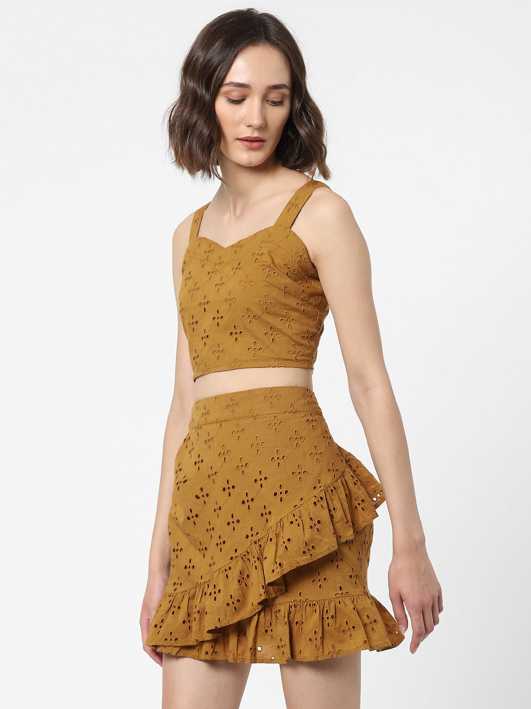 Brown Schiffli Embroidered Co-Ord Crop Top