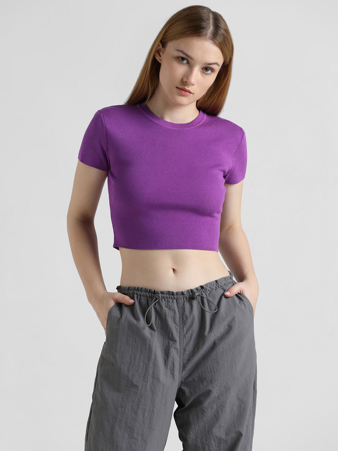 Dark Purple Ribbed Cropped Top