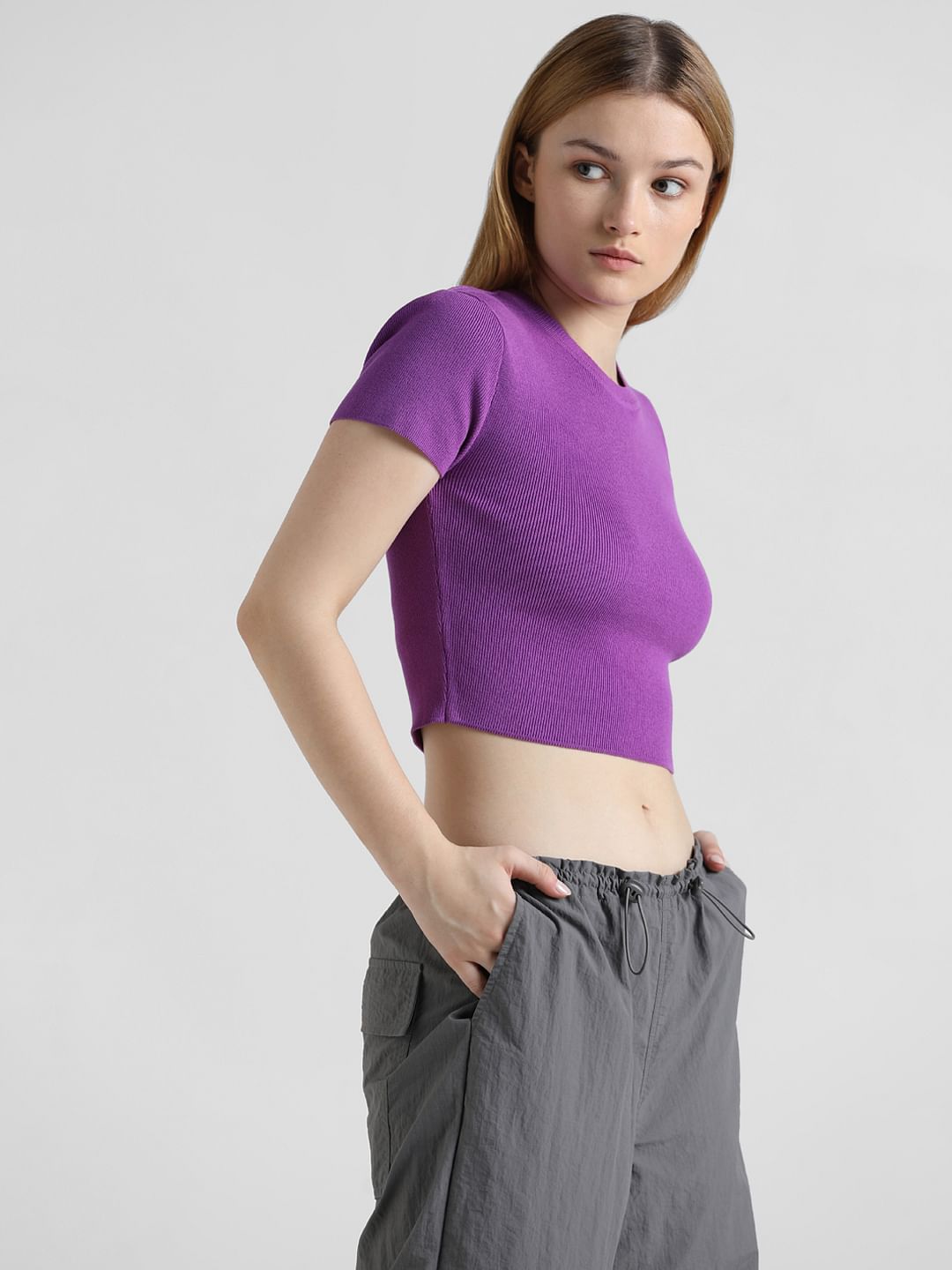 Dark Purple Ribbed Cropped Top
