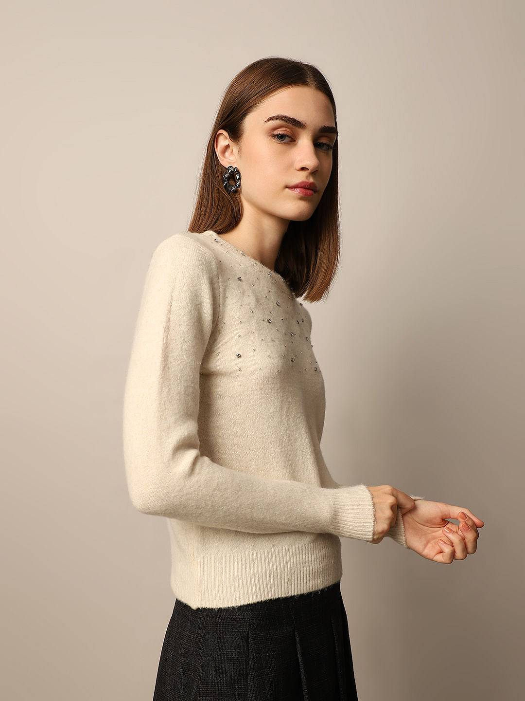 Cream Beaded Embellished Pullover