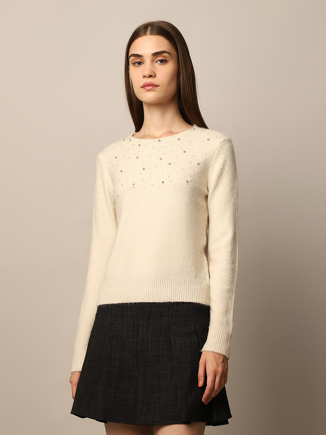 Cream Beaded Embellished Pullover