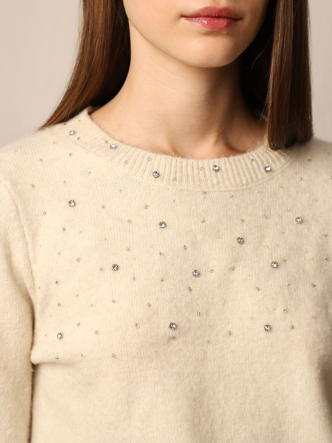 Cream Beaded Embellished Pullover