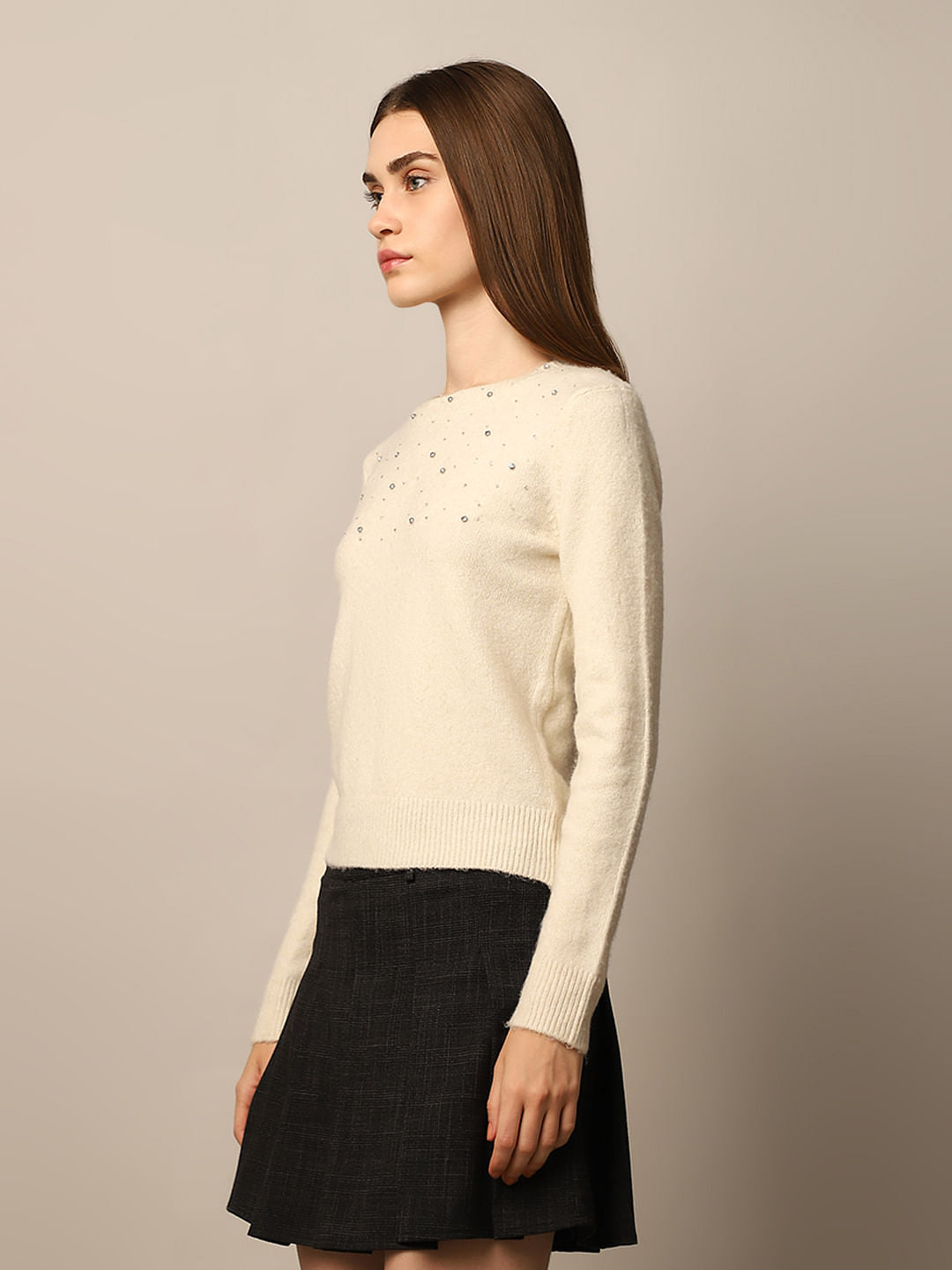Cream Beaded Embellished Pullover