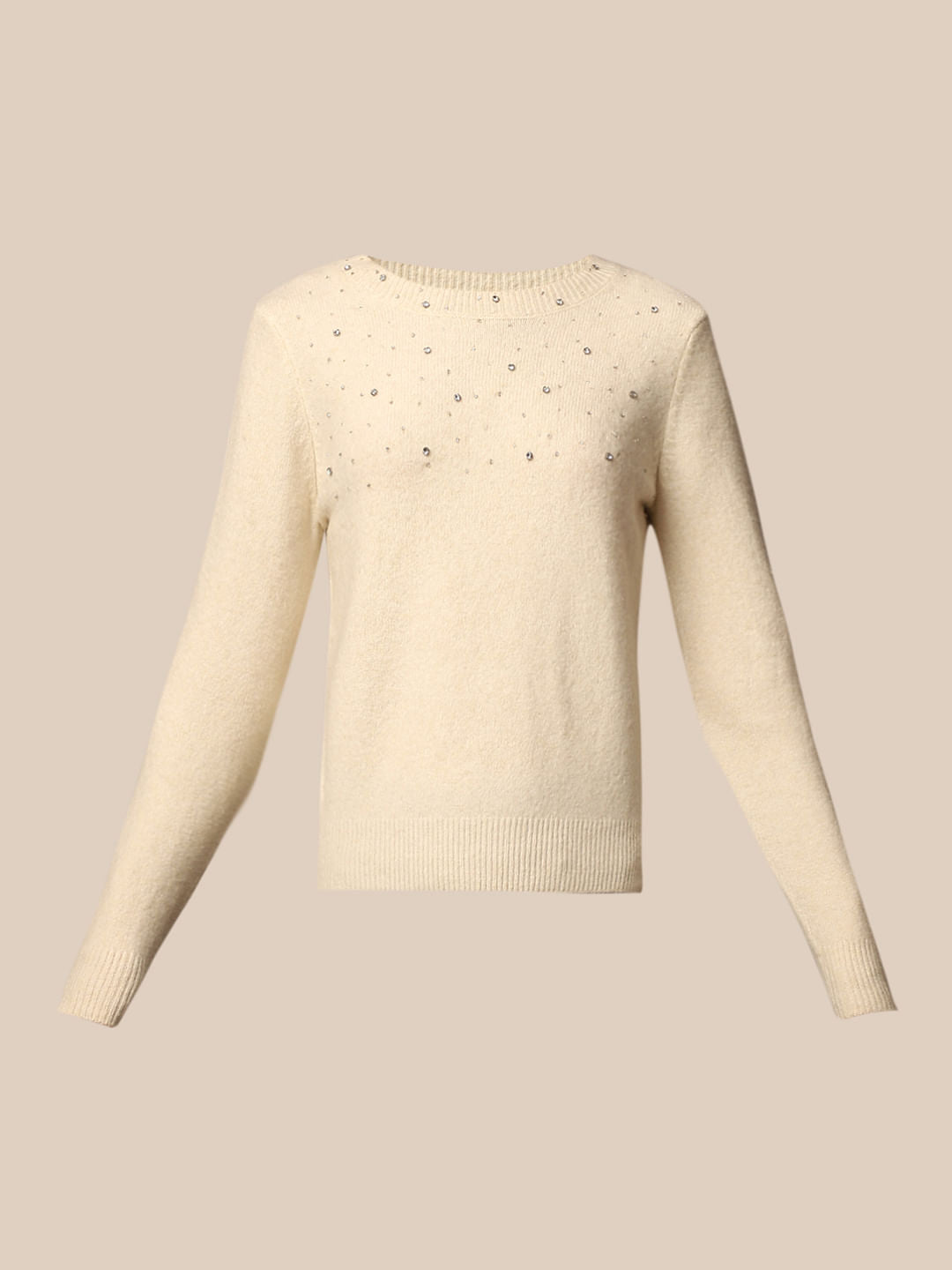 Cream Beaded Embellished Pullover