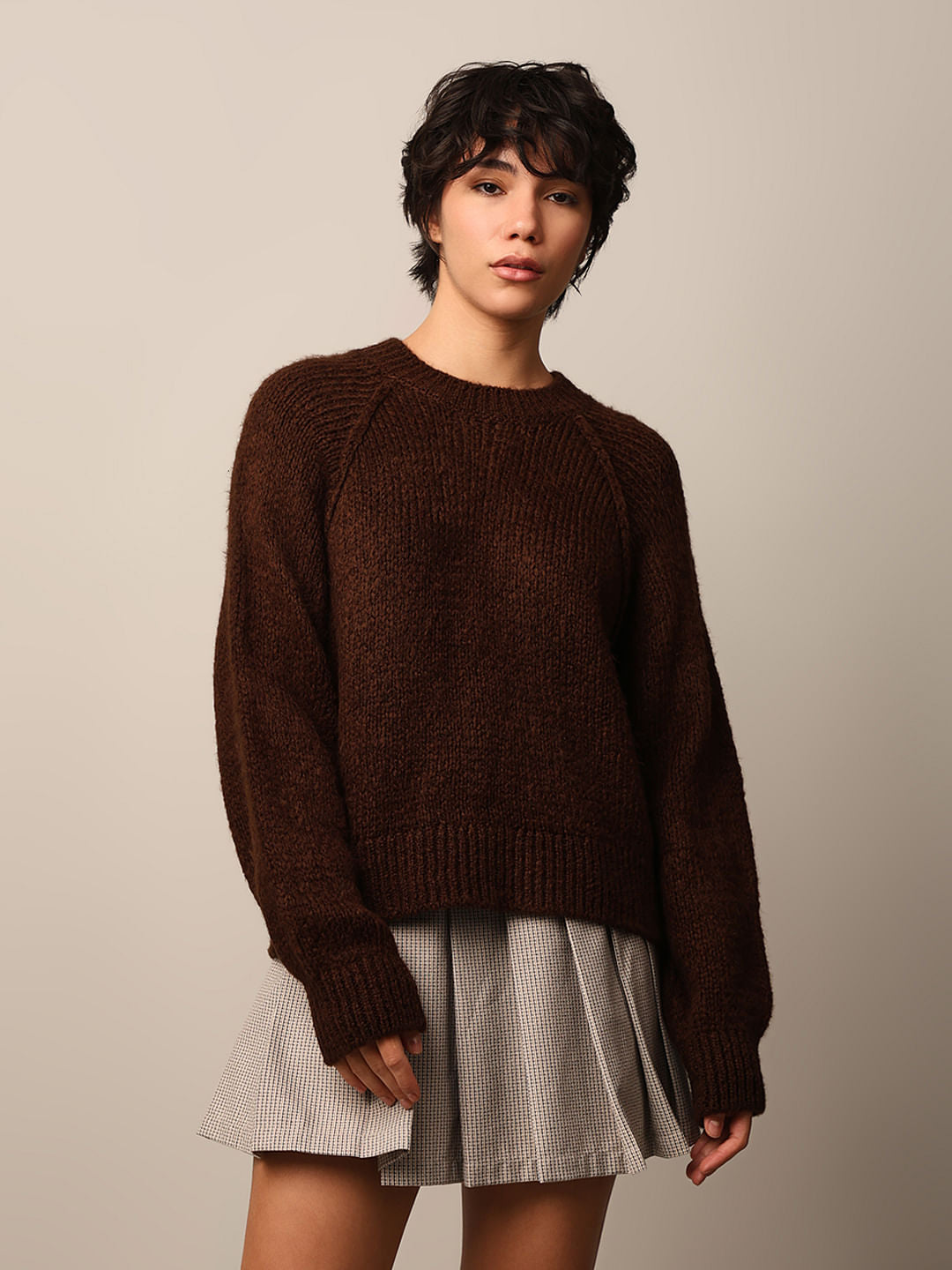 Dark Brown Raglan Sleeves Pullover