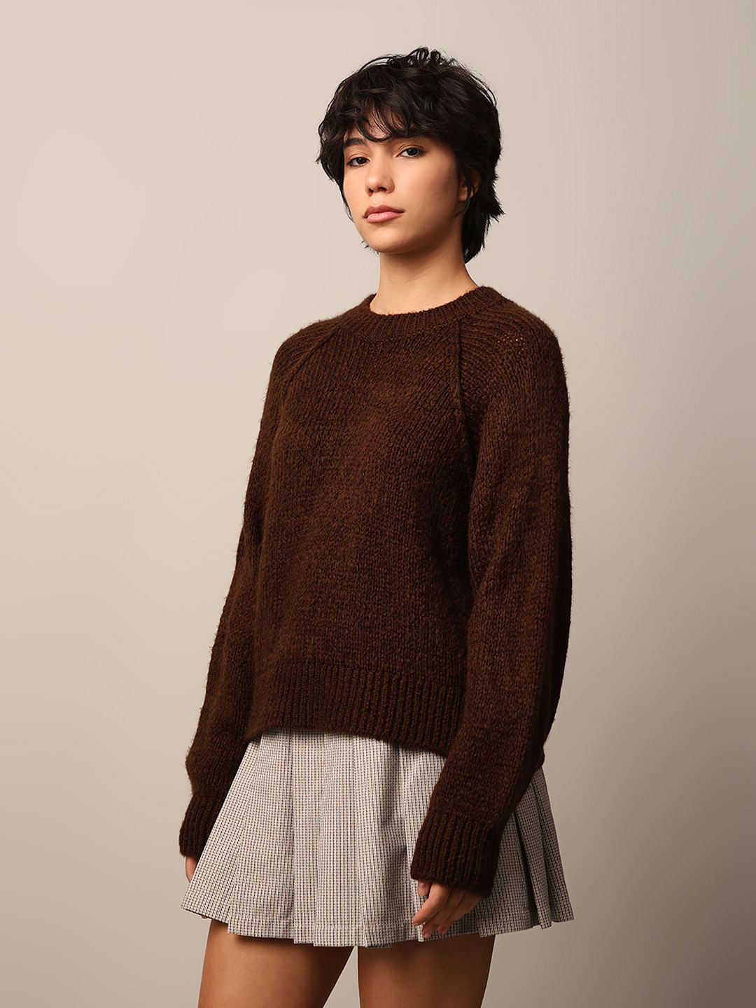 Dark Brown Raglan Sleeves Pullover