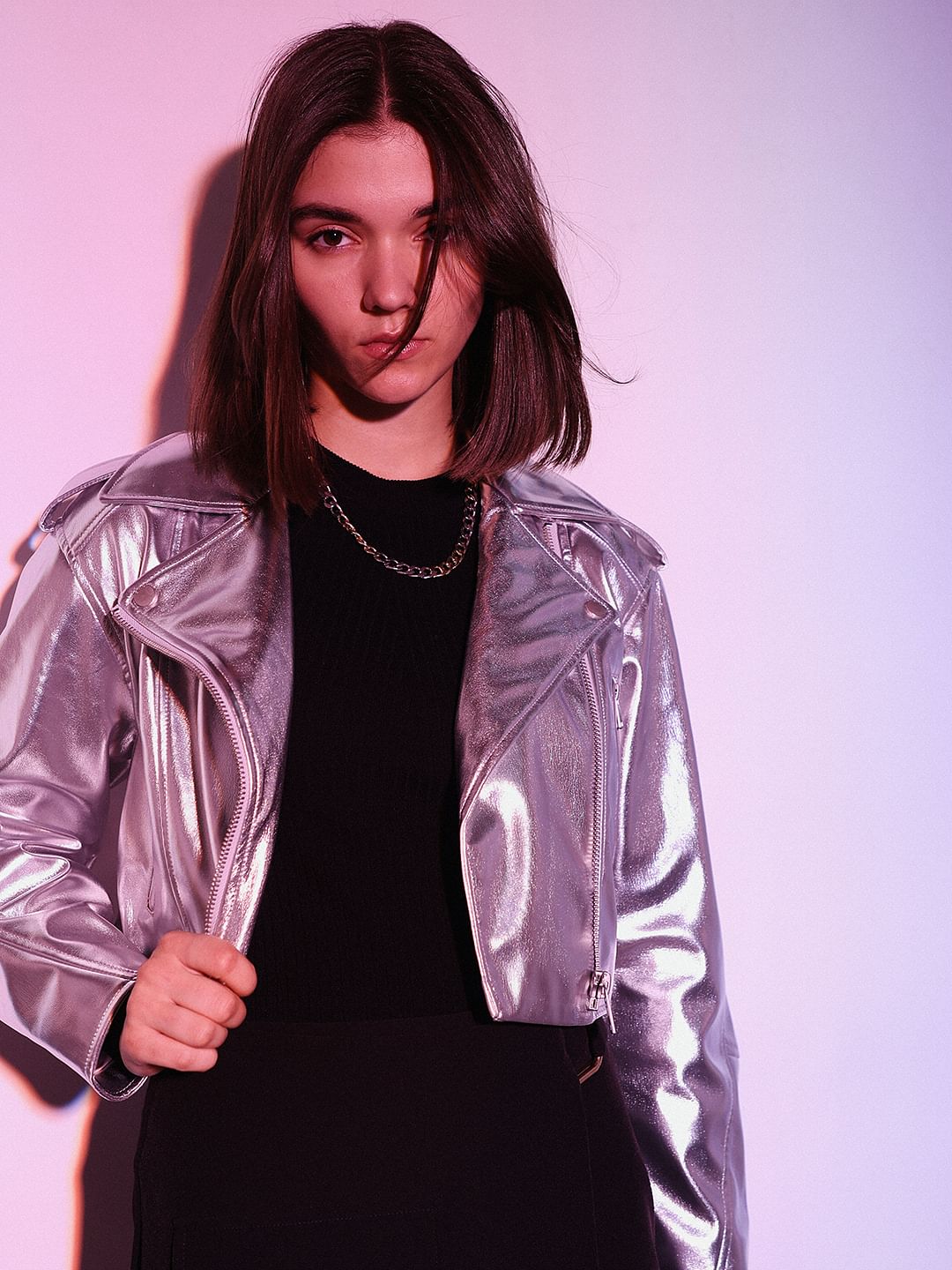 Silver Faux Leather Biker Jacket