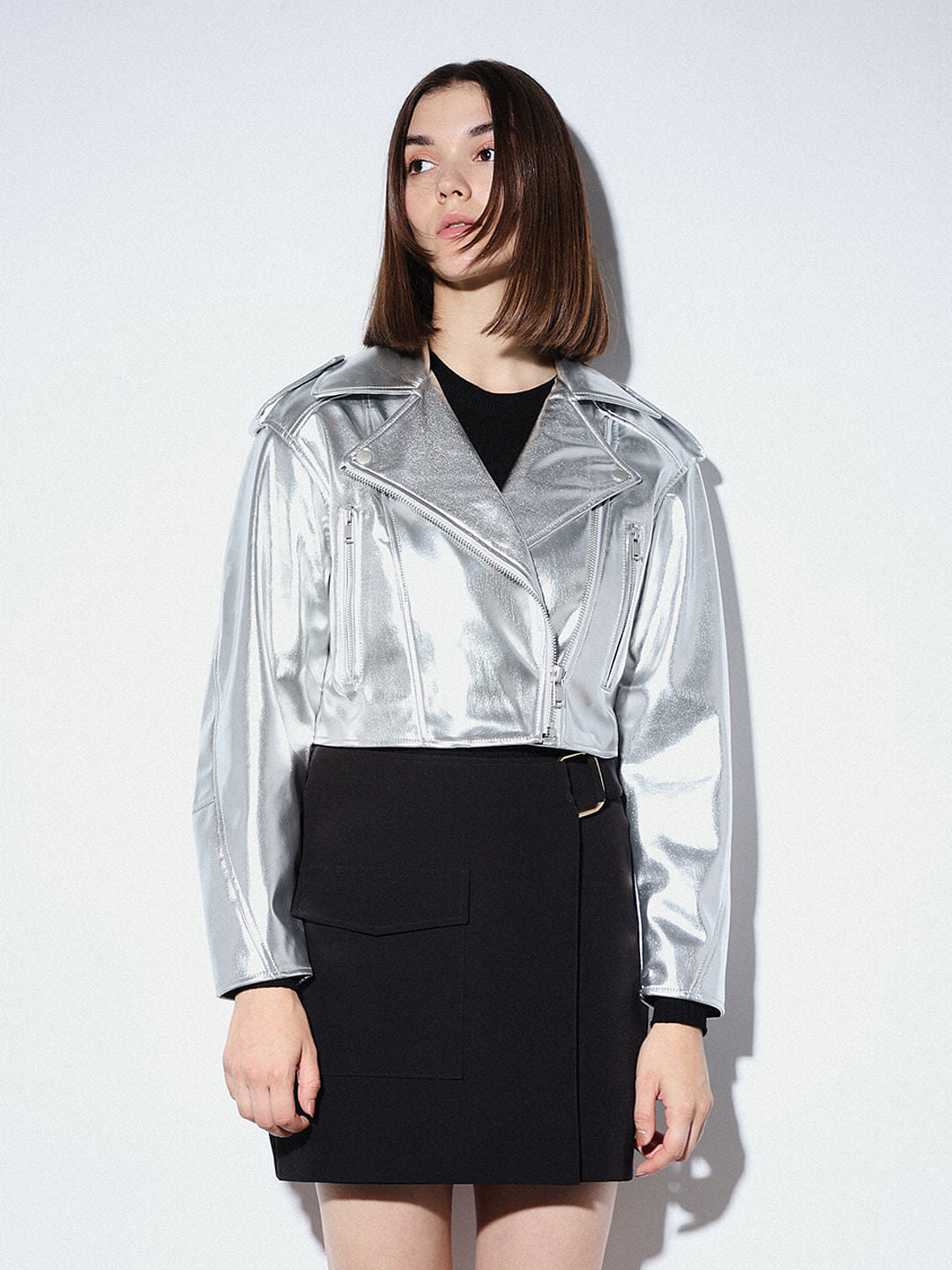 Silver Faux Leather Biker Jacket