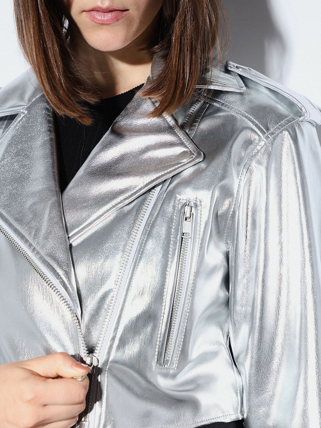 Silver Faux Leather Biker Jacket
