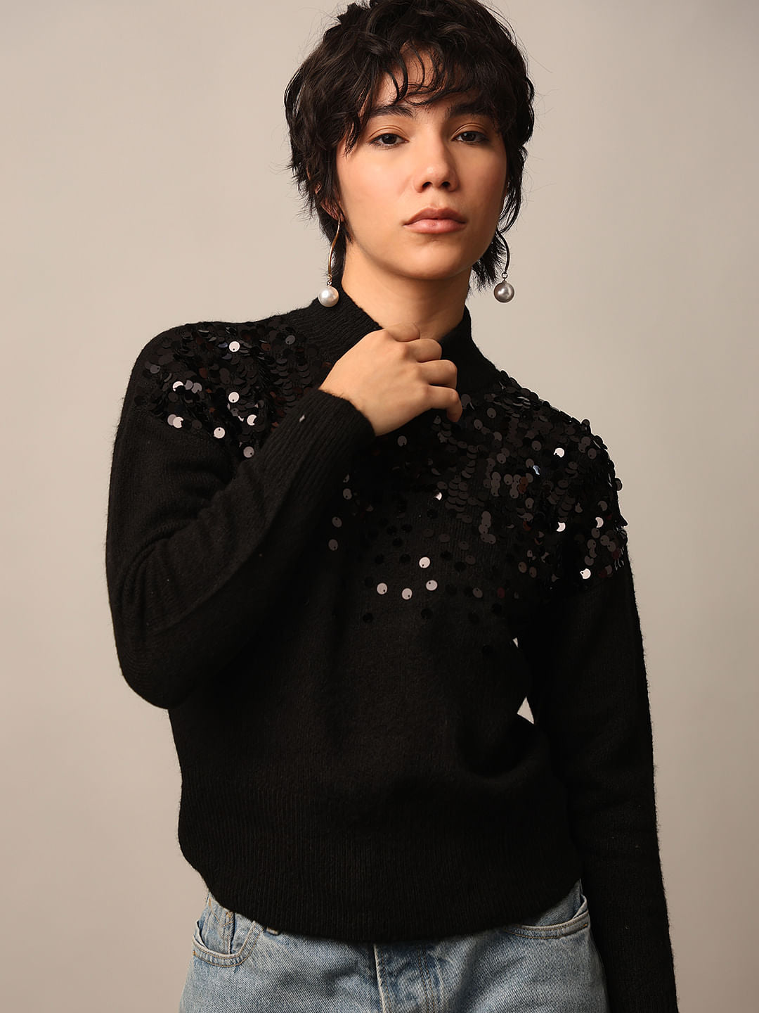 Black Sequined High Neck Pullover