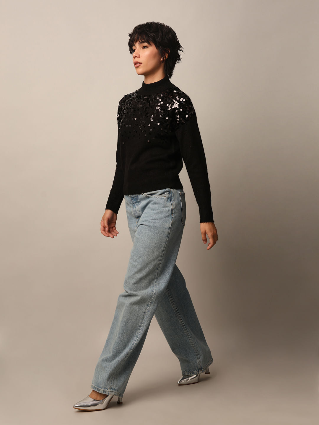 Black Sequined High Neck Pullover