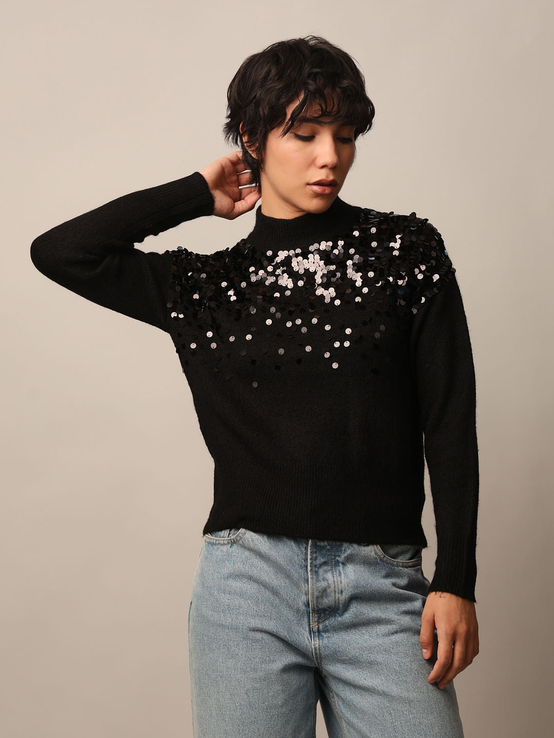 Black Sequined High Neck Pullover