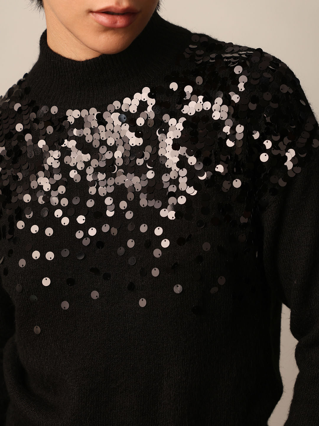 Black Sequined High Neck Pullover